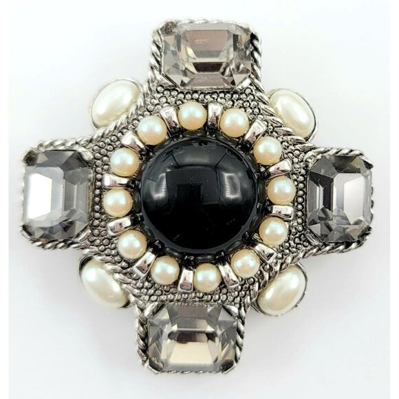 Ciner Silvertone Black Lucite Rhinestone Simulated Pearl Brooch Pendant NOS